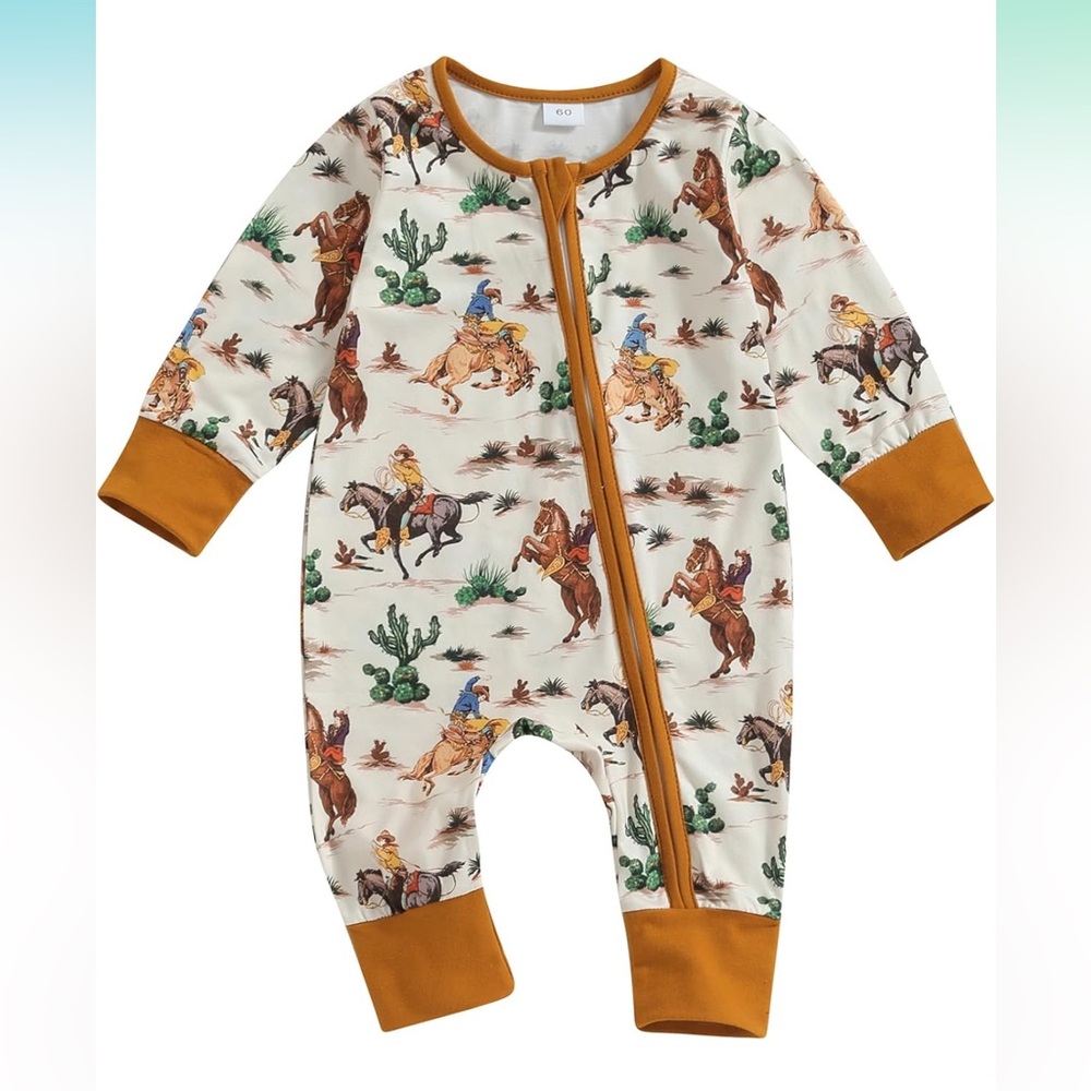 Western Cowboy Baby Zippered Jumpsuit One Piece - Picture 2 of 6